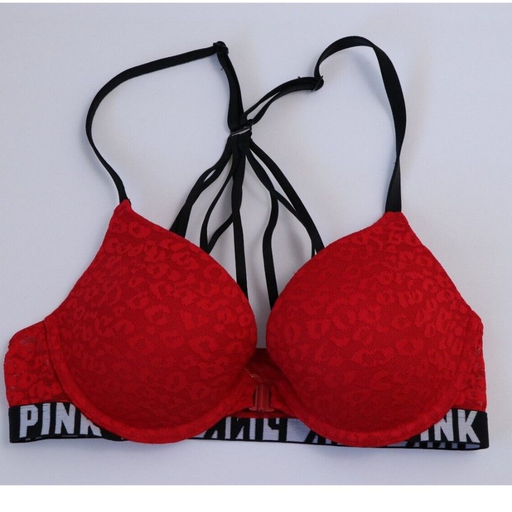 Pink logo Red 32B Lace Front Clip Strappy Bra Cheetah Print Victoria Secret